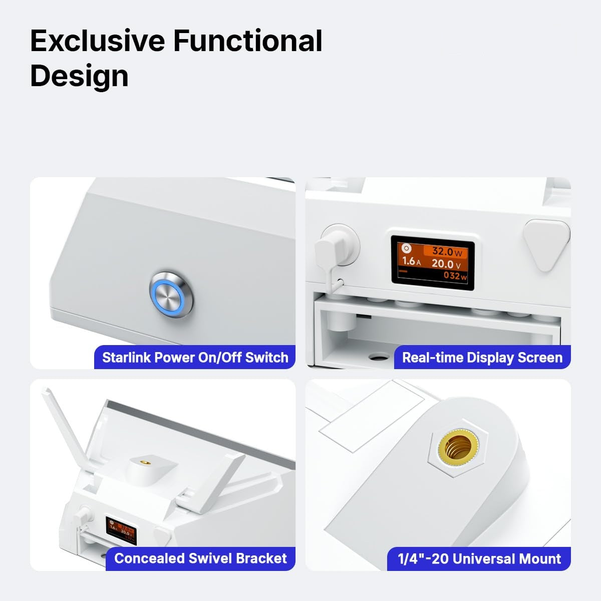 Exclusive functional design of the Starlink Mini power bank - power switch, display, swivel stand and 1/4 inch 20 mount