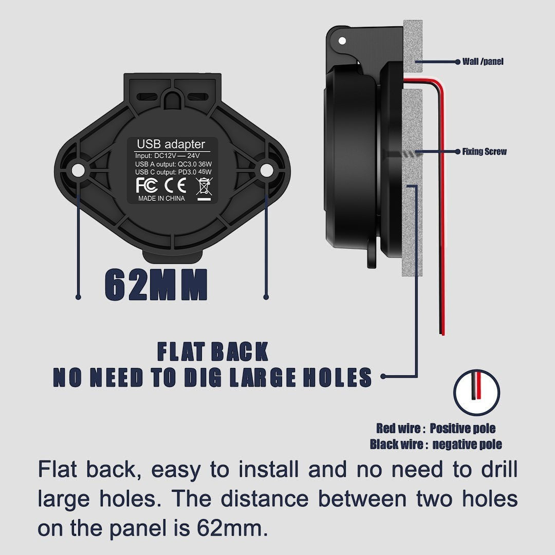 Outcamp.com.au waterproof USB charger socket showing flat back design, 62mm mounting hole spacing, and wiring diagram.