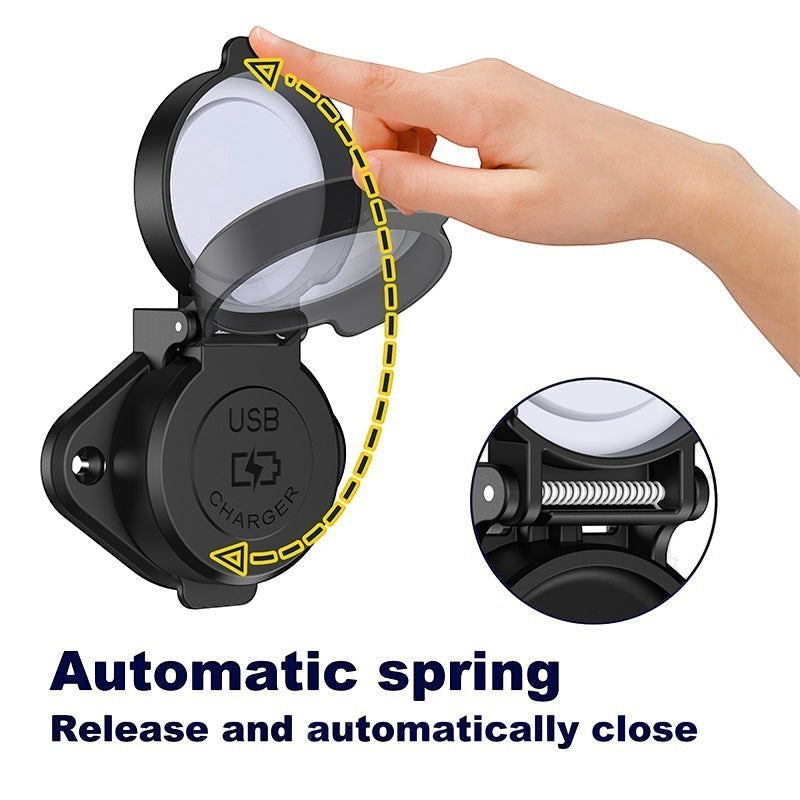 Outcamp.com.au waterproof USB charger socket with a spring-loaded flip cover for marine and outdoor vehicle use.