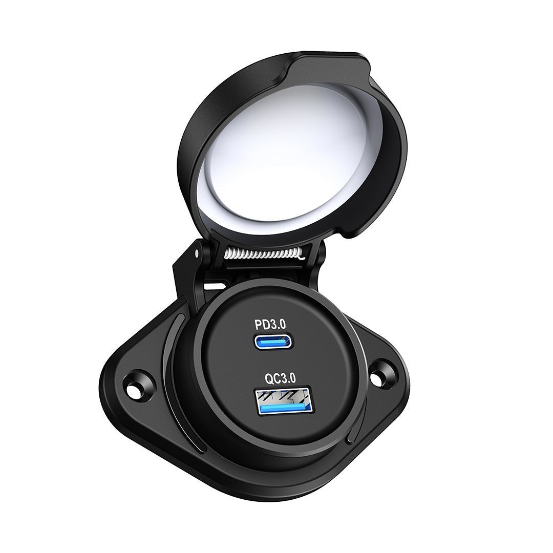 Outcamp.com.au waterproof 81W USB-C and USB-A charger socket with spring-loaded cover for marine and vehicle use.