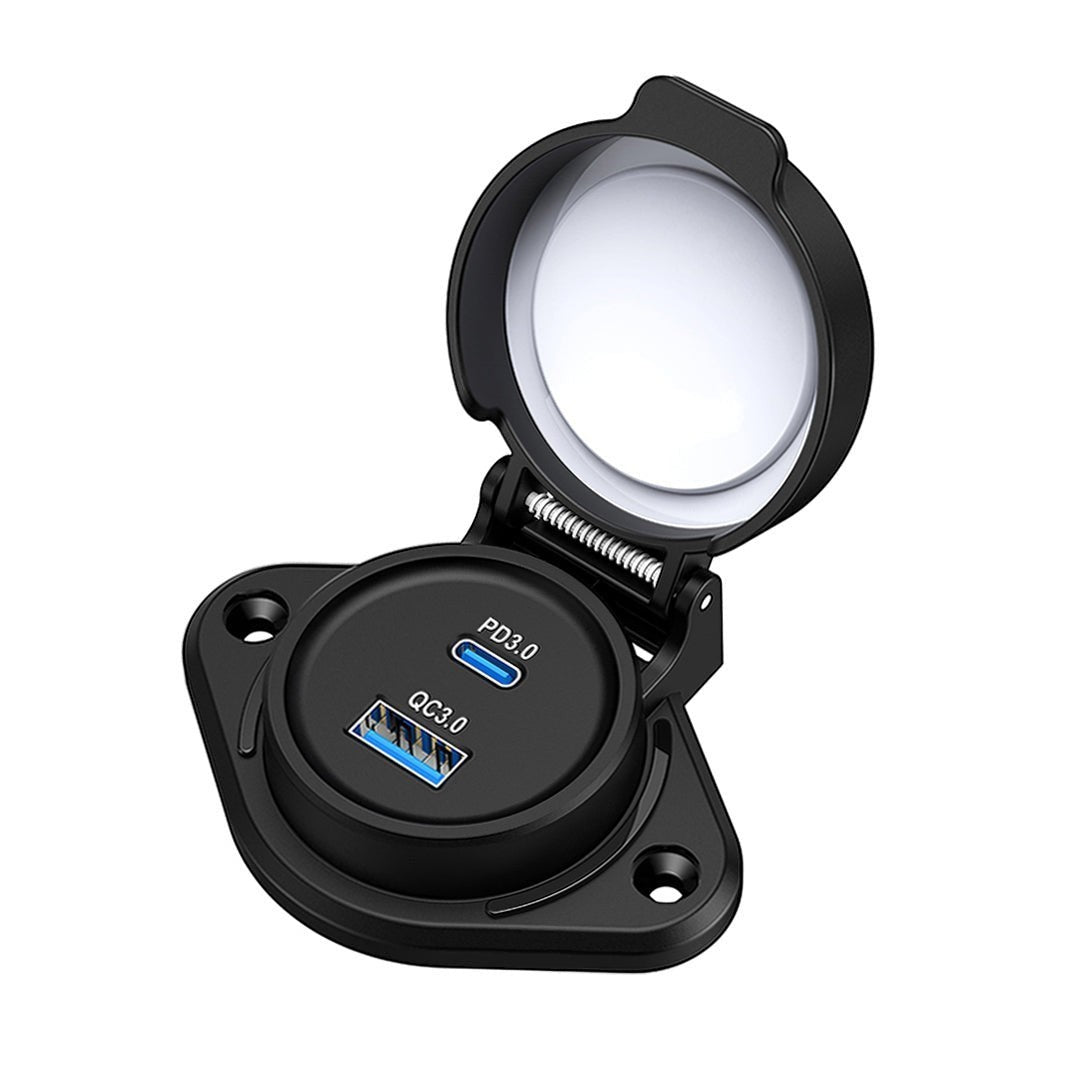 Outcamp.com.au waterproof 81W USB-C and USB-A charger socket with spring-loaded cover for marine and vehicle use.