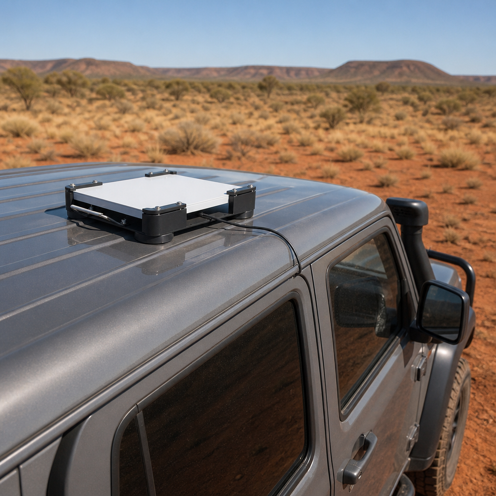 Outcamp magnetic mount for Starlink Mini fitted to a 4x4 roof with the power cable running through the door seal