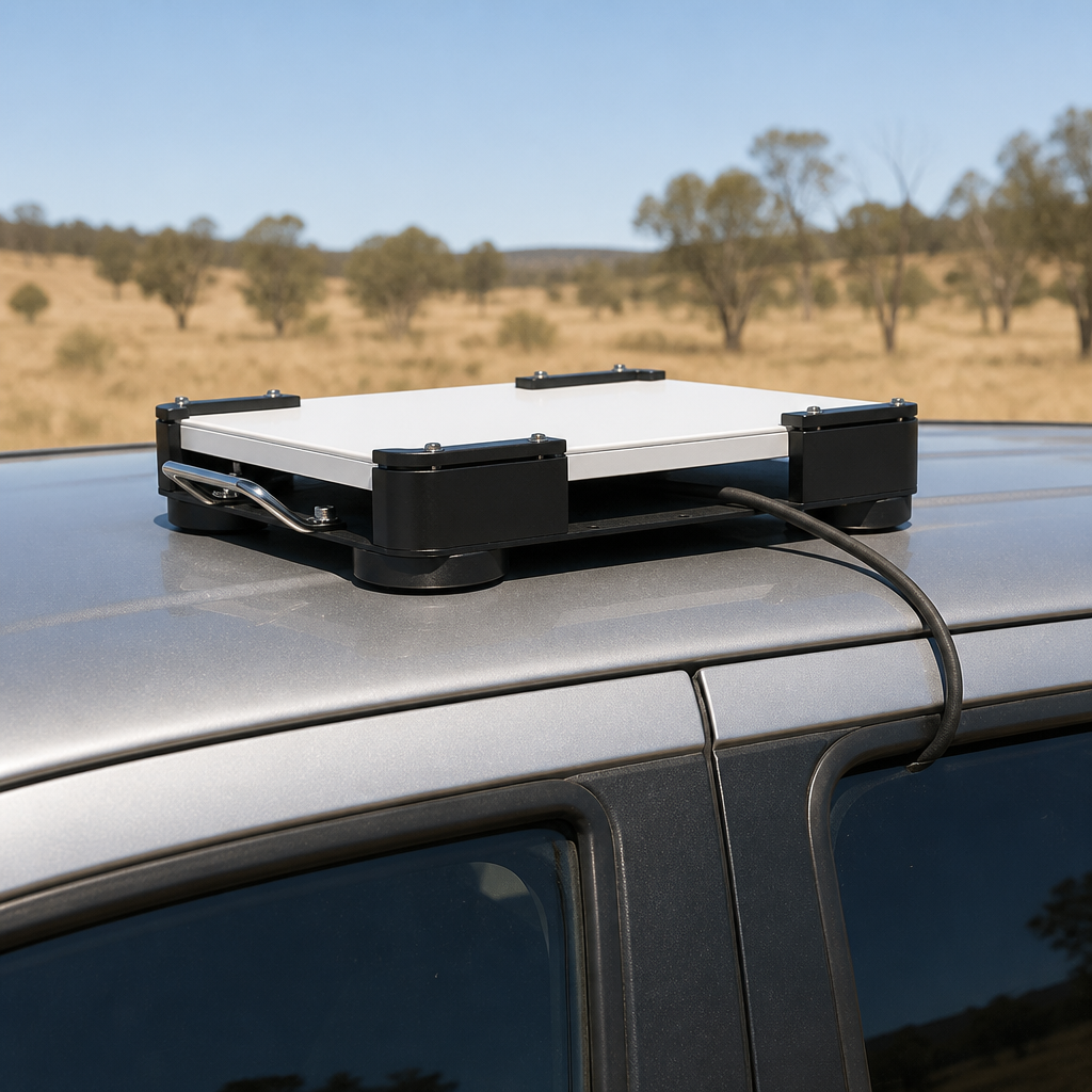 Outcamp Universal Flat Mount for Starlink Mini - black and white variants side by side