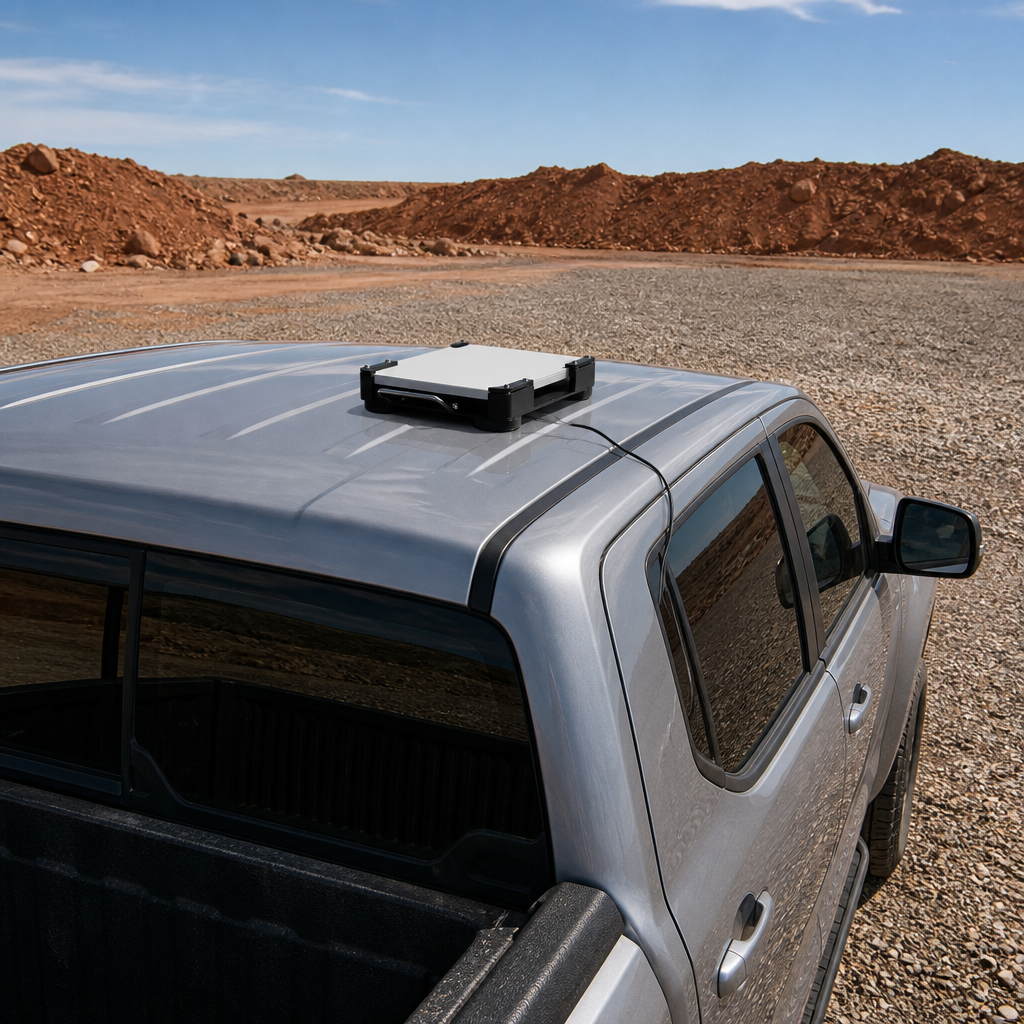 Outcamp black magnetic mount for Starlink Mini on a ute at a remote mine site, power cable routed through the door seal