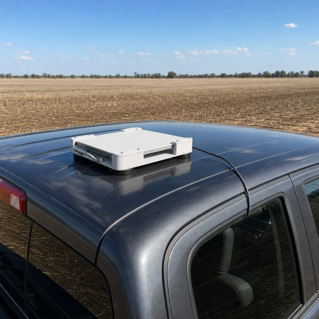 Outcamp white magnetic mount for Starlink Mini on a ute in a broad acre cropping paddock, power cable routed through the door seal
