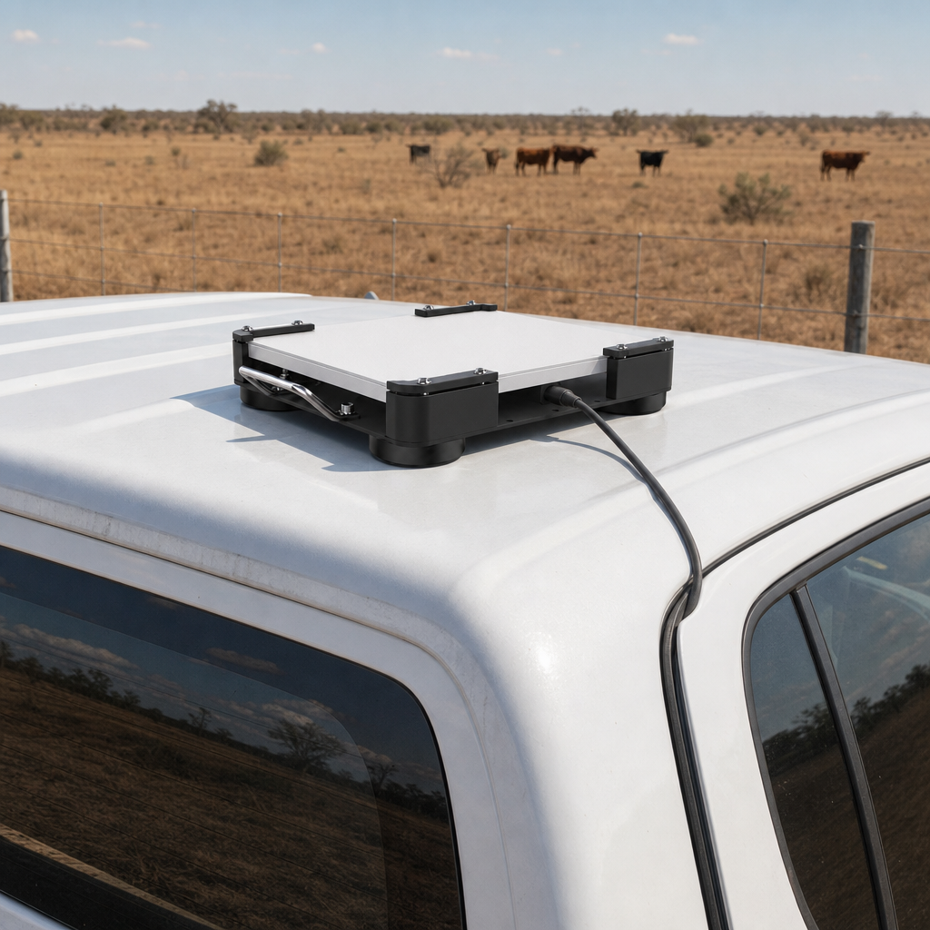 Outcamp magnetic mount for Starlink Mini on a white ute at a cattle station, cable routed through the door seal