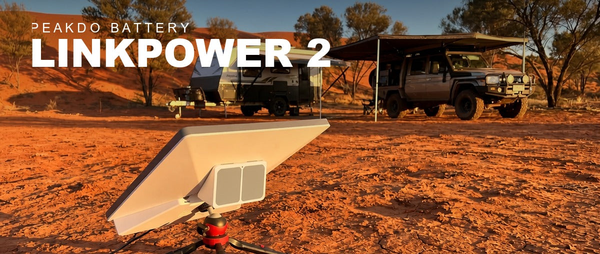 PeakDo LinkPower 2 battery pack clipped to the back of a Starlink Mini on a tripod in the outback