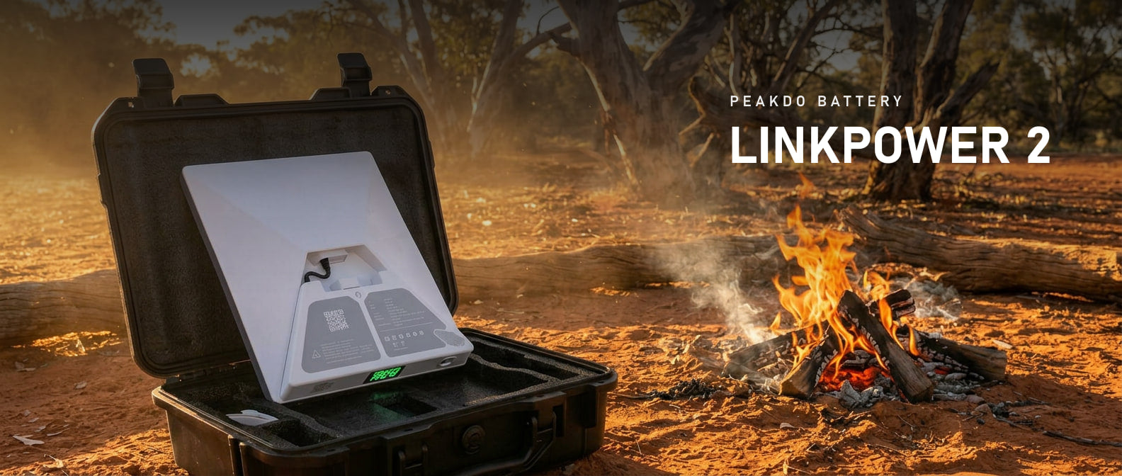PeakDo LinkPower 2 portable power bank for Starlink Mini in its hard case beside a campfire at dusk