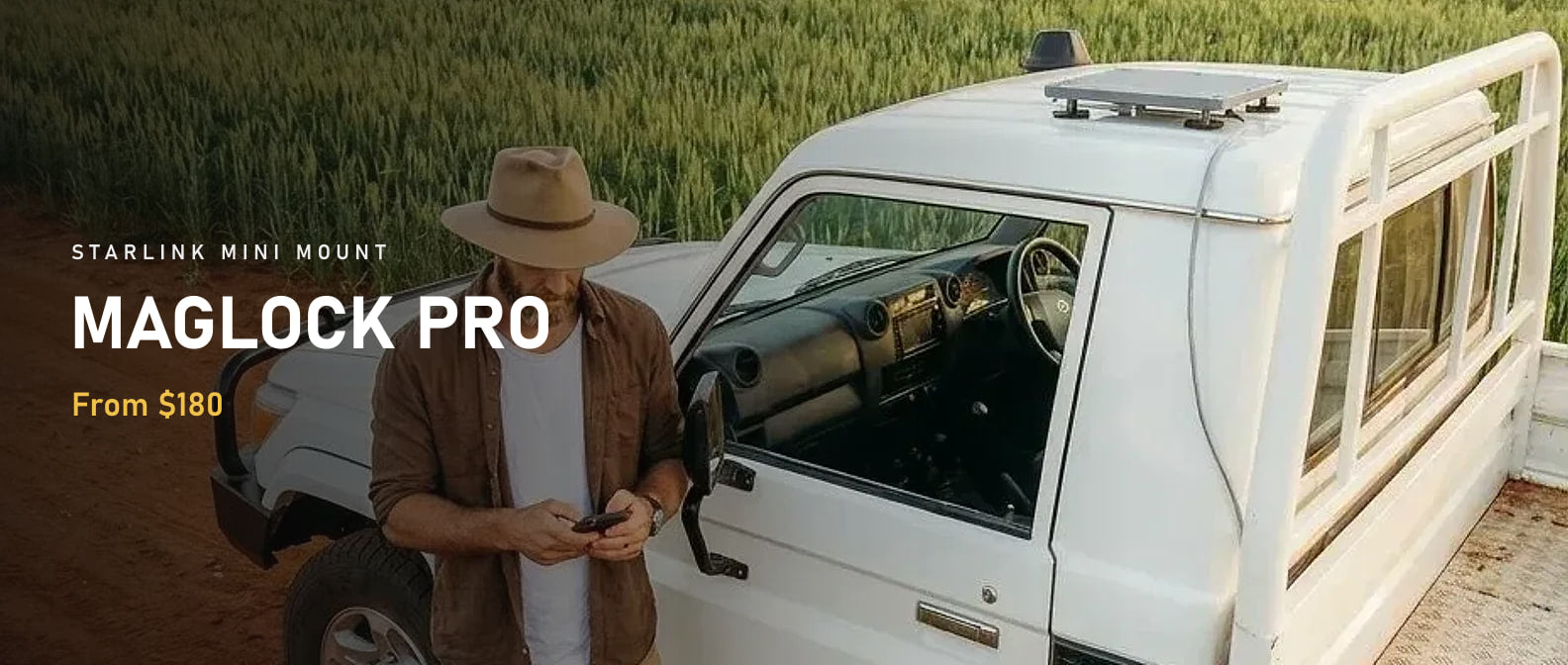 MagLock Pro magnetic mount for Starlink Mini fitted to the roof of a white ute on a South Australian farm, with a farmer checking his phone alongside