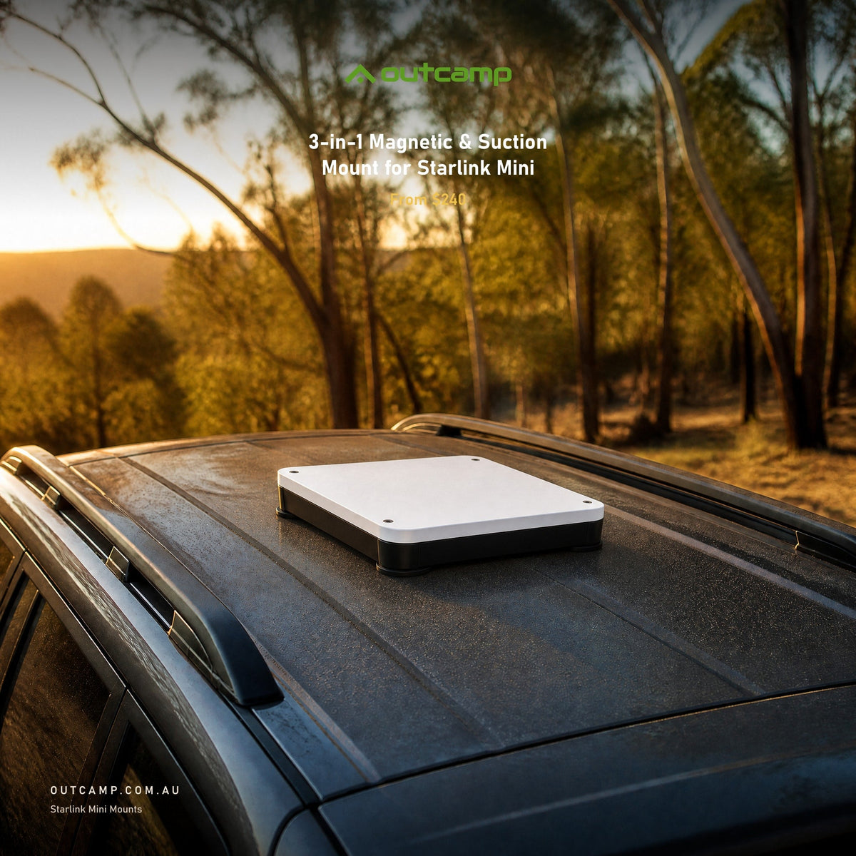 Outcamp 3-in-1 Magnetic and Suction Mount for Starlink Mini mounted on a 4WD roof at golden hour in the Australian bush