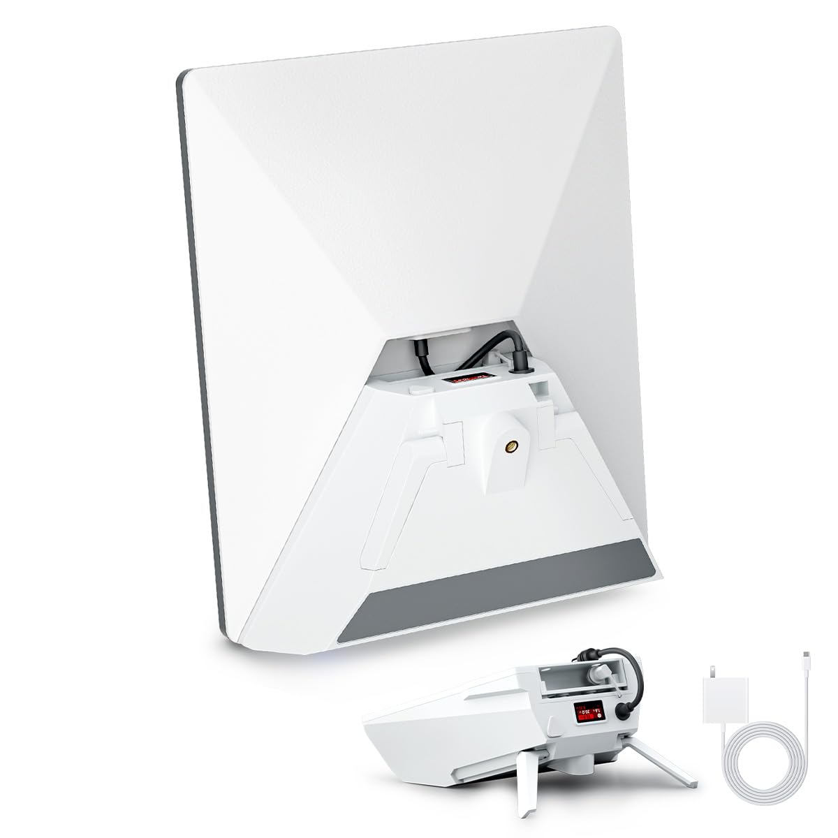 Outcamp 219Wh Starlink Mini power bank with the dish fitted, kickstand deployed, 100W USB-C charger and DC cable shown alongside