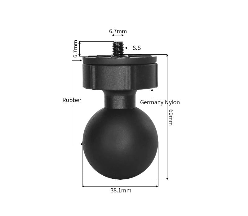 Dimensions: 38.1 mm rubber-coated ball, 60 mm overall height, 6.7 mm 1/4"-20 stainless steel stud, German nylon body.