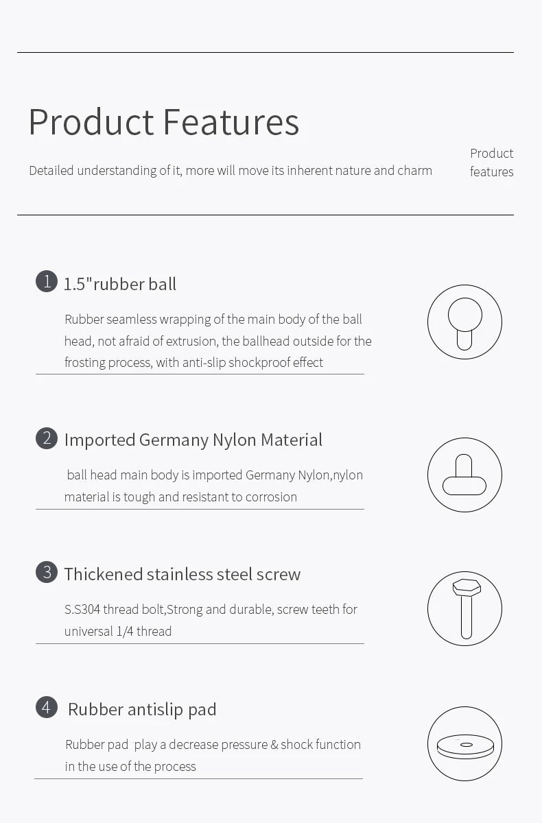 Four key features: 1.5" rubber ball with shock-proof finish, German nylon body, S.S304 thread bolt, anti-slip rubber pad.