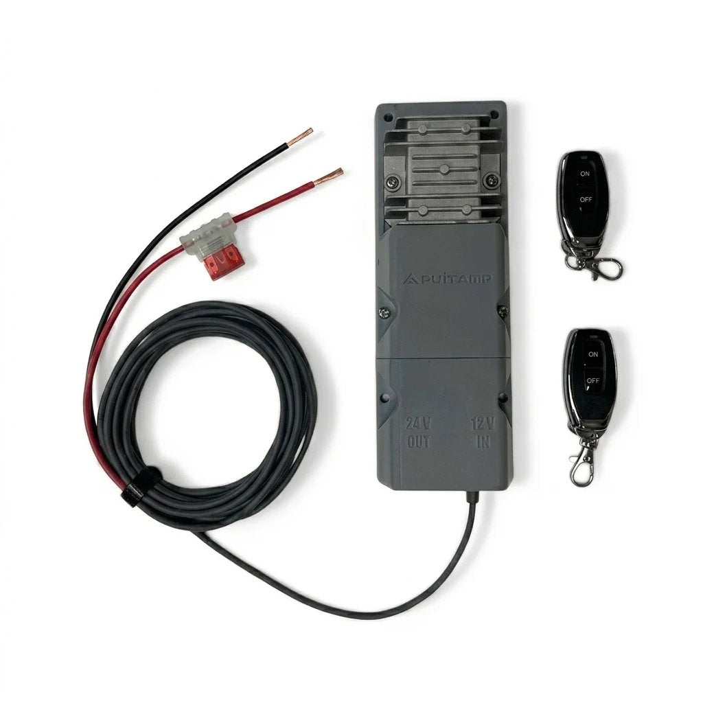 Outcamp remote control 12V to 24V power supply for Starlink Mini — direct-connection variant without Anderson plug, showing the controller, two wireless key fobs, main power lead, and inline fuse holder with extended red and black input wires...