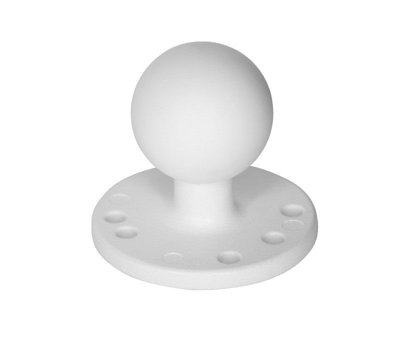 Round AMPS ball mount base with 1.5 inch C-size ball, white powder-coated marine-grade aluminium with 7-hole AMPS pattern, suits boats caravans RVs and medical equipment, studio shot on white background