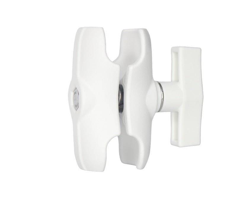 White 87mm short double socket arm with twin 1.5 inch balls and white locking T-knob — front view