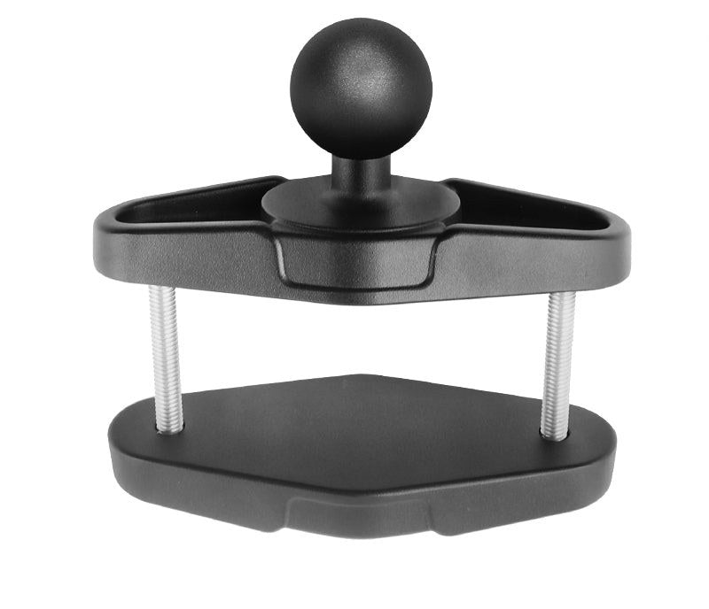 Square post clamp mount base with 1.5 inch C-size ball, two long stainless steel through-bolts and lower clamp plate, marine-grade aluminium with black powder coat finish, studio shot on white background