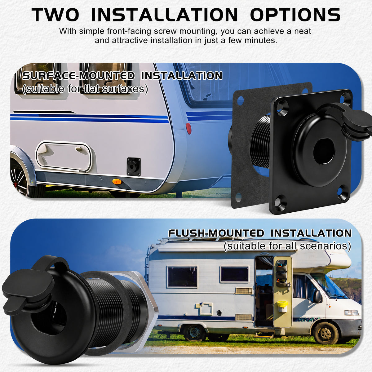 Two installation options for the Starlink Gen 3 RJ45 Ethernet wall socket, surface-mounted and flush-mounted on a caravan