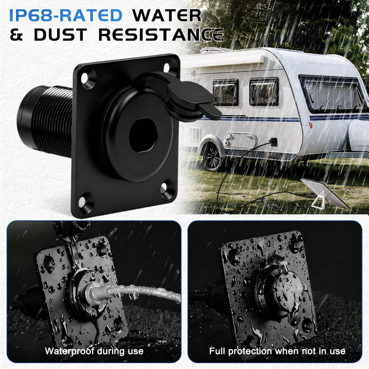 IP68 waterproof RJ45 Ethernet wall socket for Starlink Gen 3 shown mounted on a caravan in heavy rain