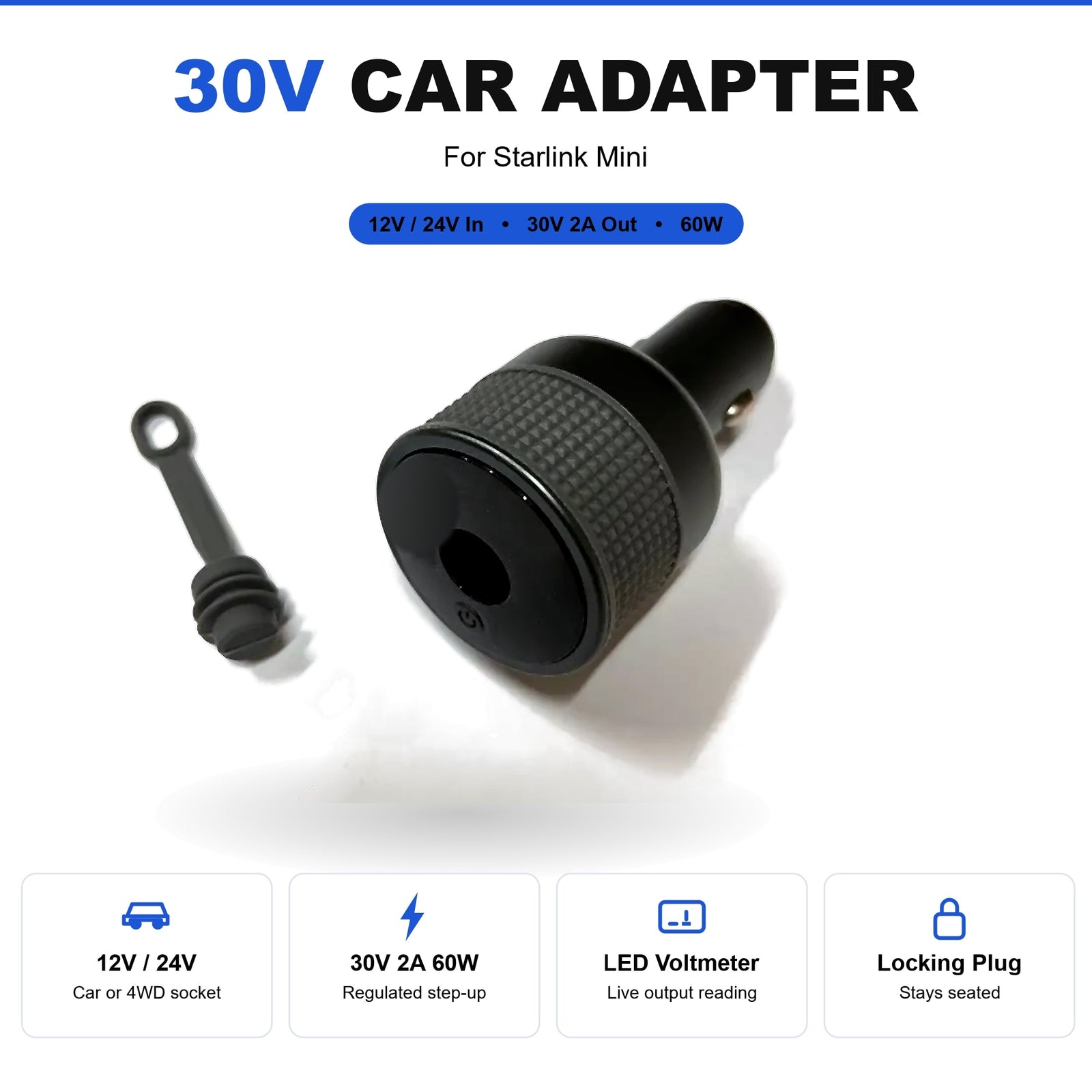 30V Car Adapter for Starlink Mini - 12V/24V input, 30V 2A 60W output, LED voltmeter, locking cigarette plug
