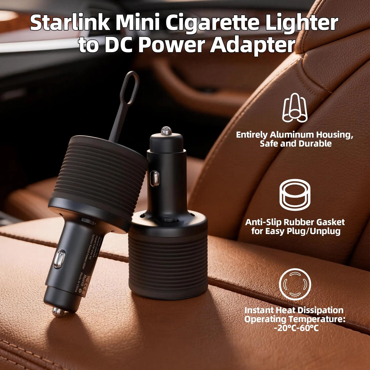 60W Starlink Mini DC adapter with aluminium housing and anti-slip rubber gasket