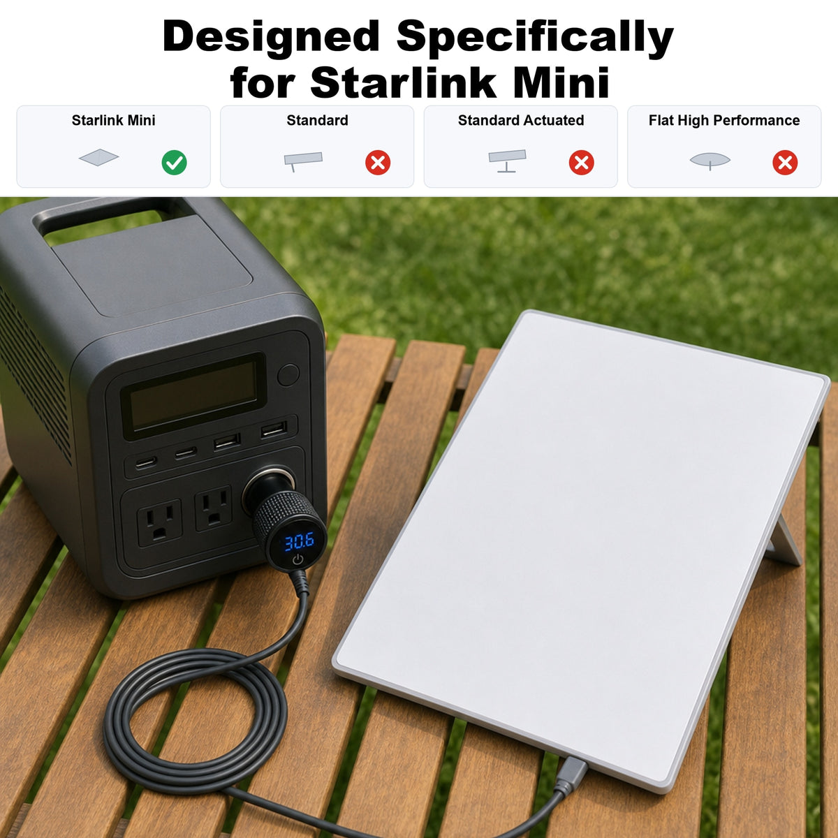 Designed specifically for Starlink Mini - cigarette lighter power supply connected to a Starlink Mini dish, compatible with Mini only, not Standard, Standard Actuated or Flat High Performance