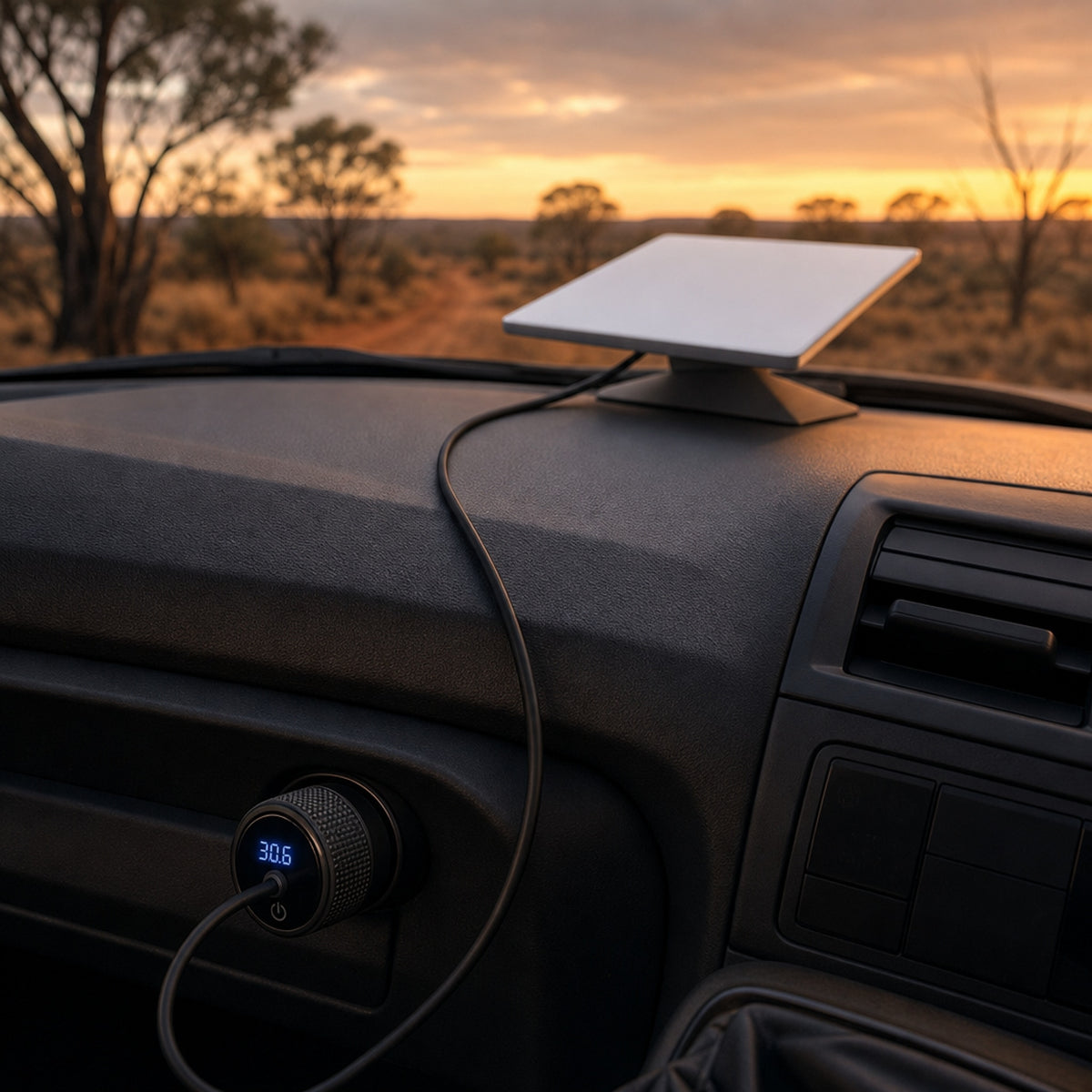 Starlink Mini 12V car adapter plugged into a 4WD dashboard socket at dusk, 30.6 volts on the LED readout, cable running to the dish on the dash