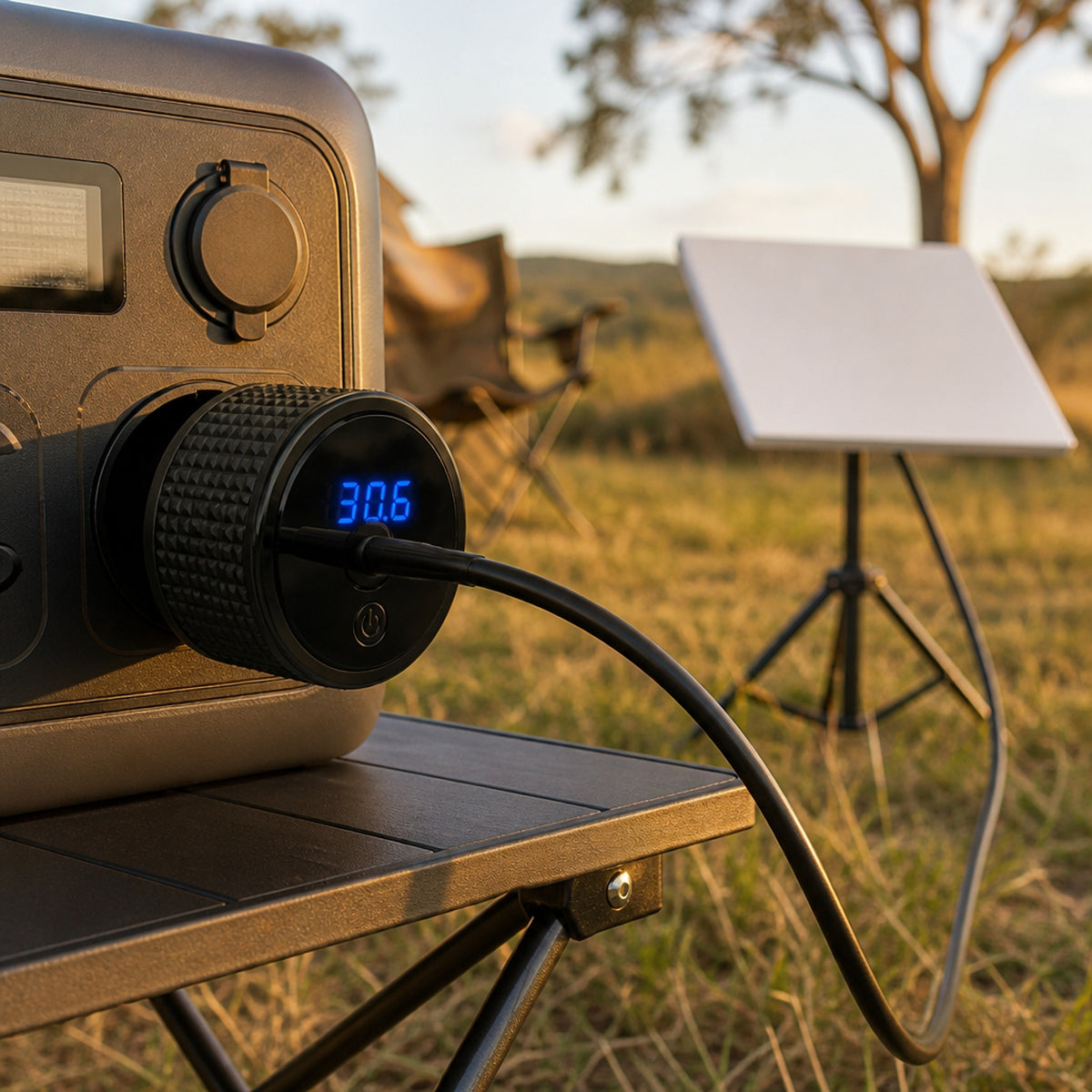 Starlink Mini 12V car adapter plugged into a portable power station 12V socket at a campsite, 30.6 volts on the LED readout