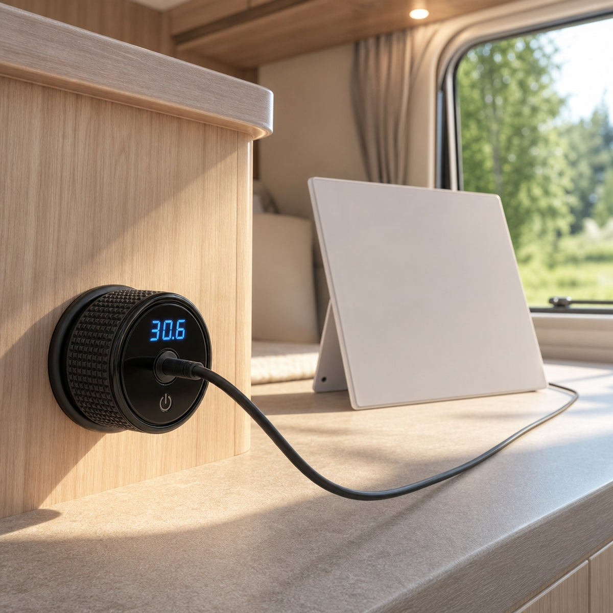 Starlink Mini 12V car adapter plugged into a 12V socket in a caravan, LED readout showing 30.6 volts with the cable running to the satellite terminal