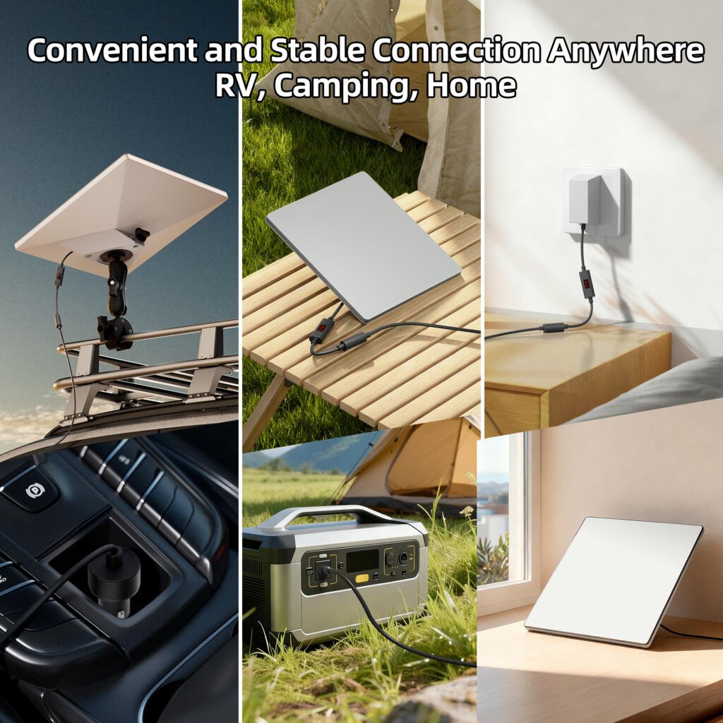 Starlink Mini DC extension cable in use across vehicle, camp and home setups — RV roof rack, camping table on a portable power station, and indoor wall socket.