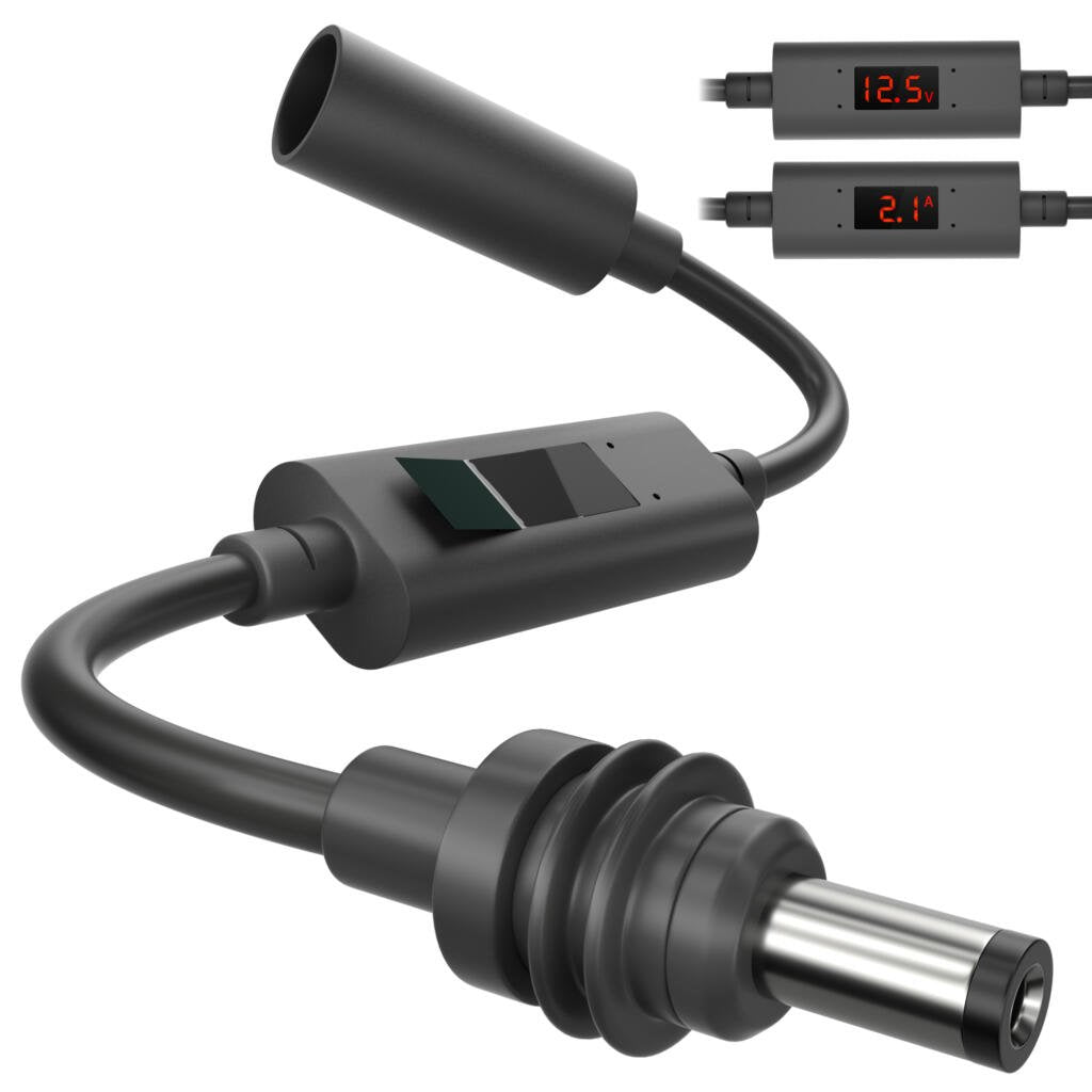 Starlink Mini DC extension cable with inline volt and amp display — DC5521 male plug and DC5521 female socket with detail callouts of the LED voltage and current readout.