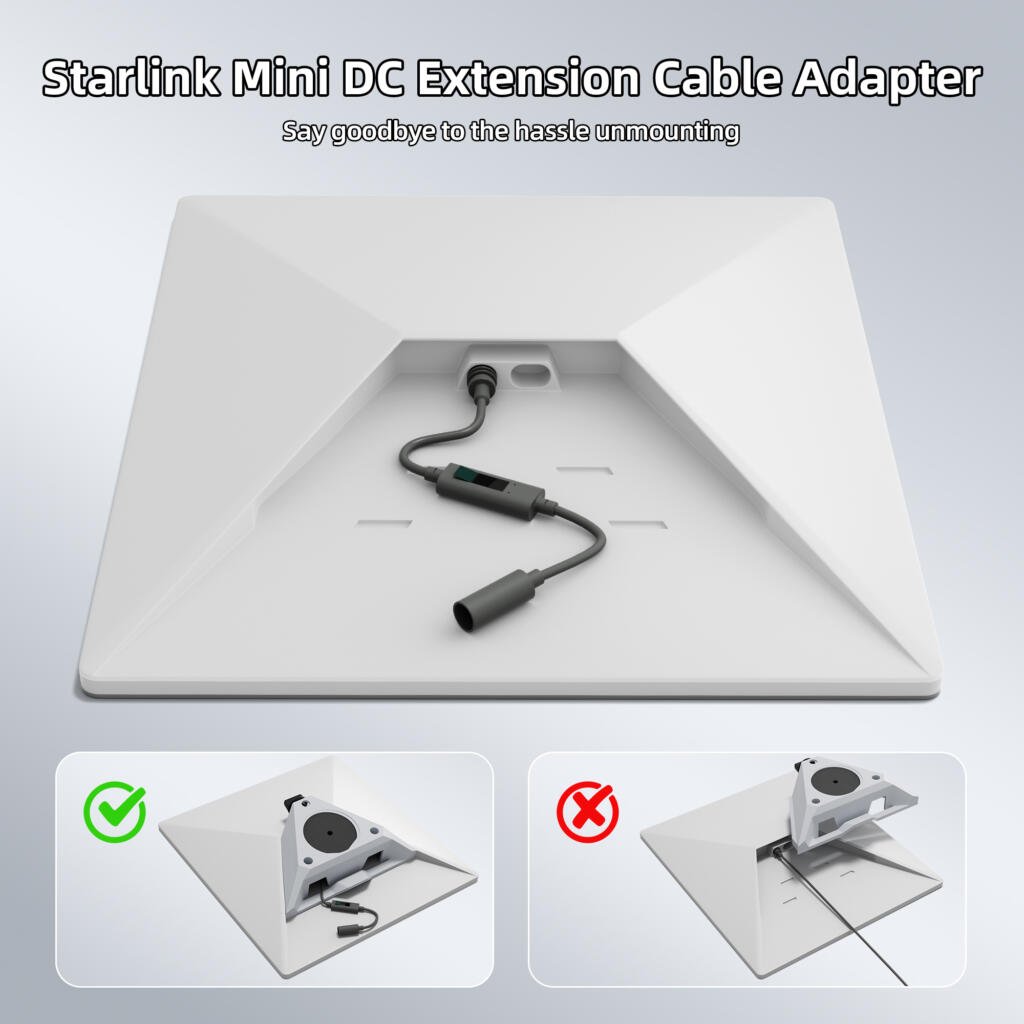Starlink Mini DC extension cable plugged into the Mini kickstand socket — extends or swaps the power lead without removing the dish from the kickstand.