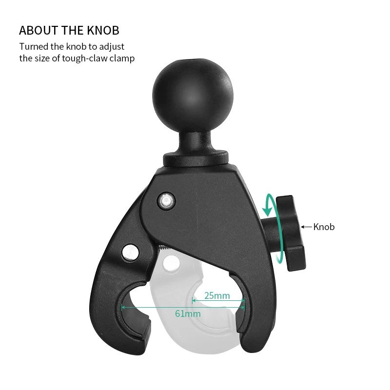 Tough-Claw clamp side view showing knob and clamp range labels (25mm to 61mm)