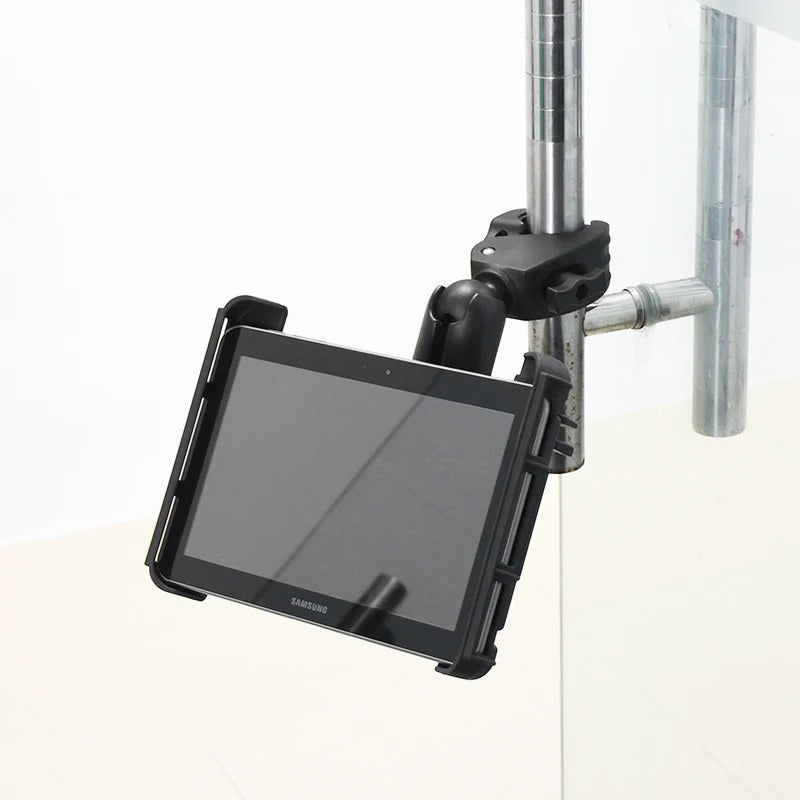 Tough-Claw clamp installed on a workshop roll-bar holding a Samsung tablet in landscape