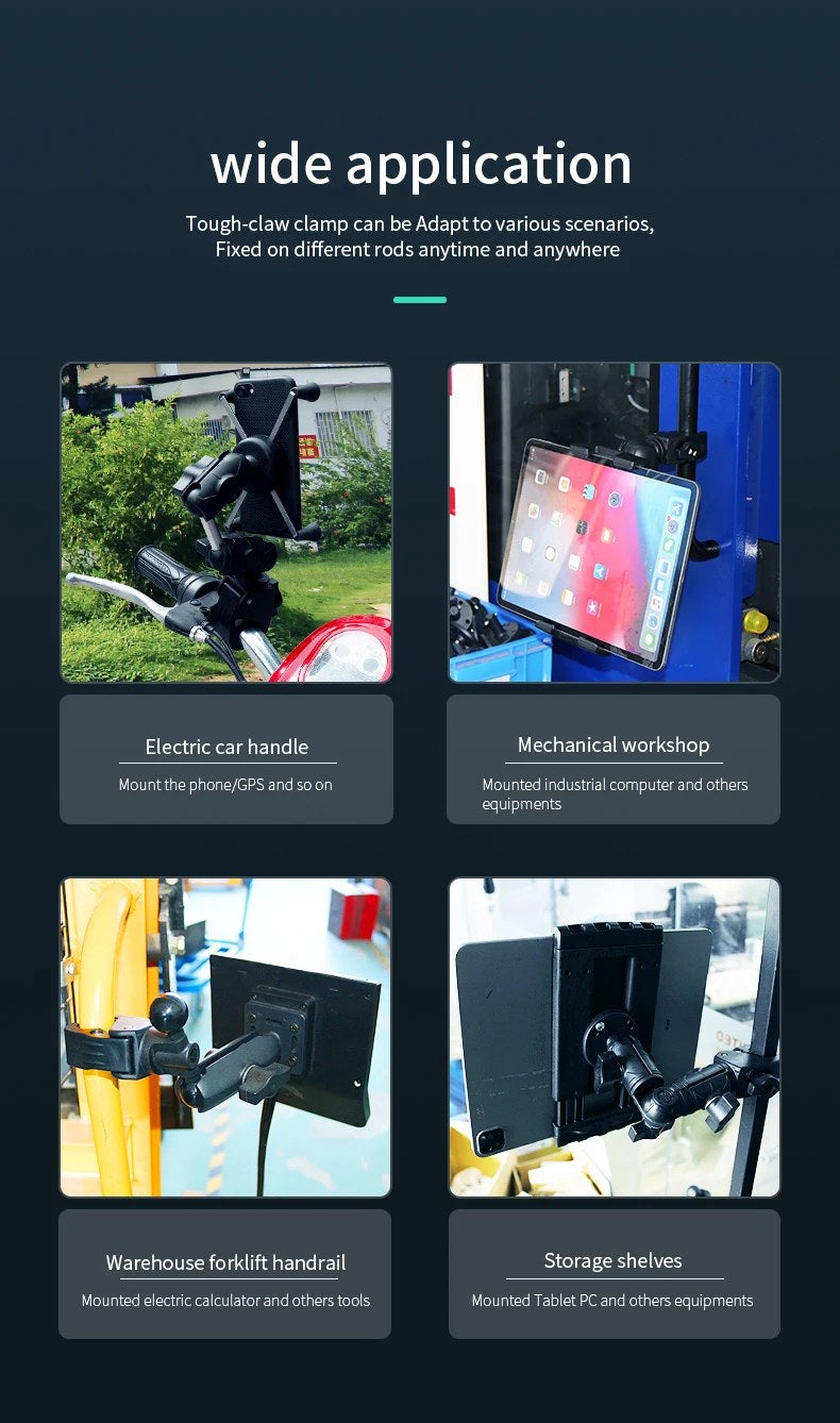 Tough-Claw real-world applications: e-bike handlebar, mechanical workshop tablet, forklift handrail, storage shelf