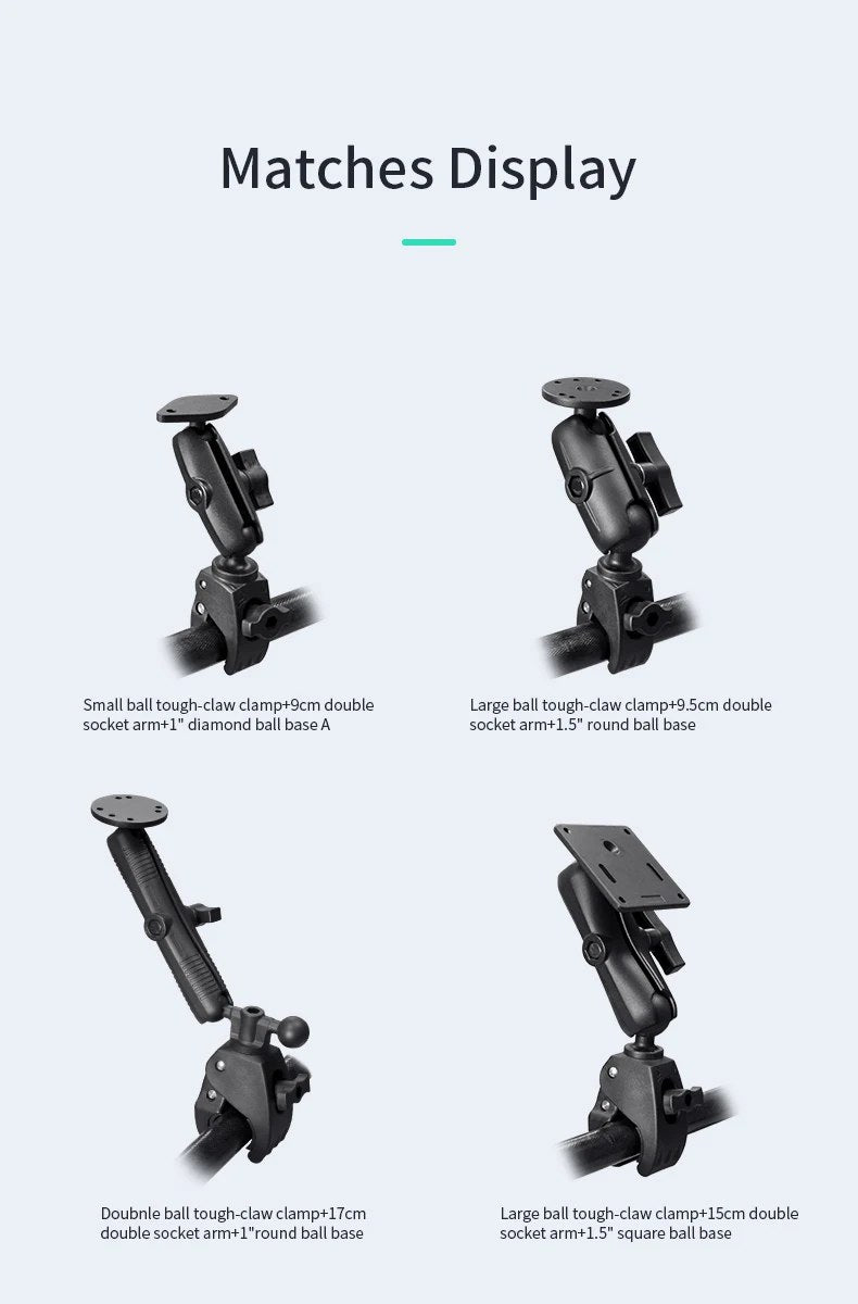 Tough-Claw paired with double socket arm and AMPS plate or ball base, four example assemblies