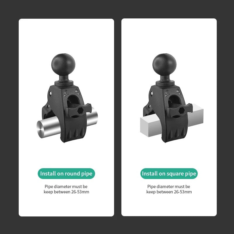 Tough-Claw clamp installed on round pipe and square pipe demo, fits 26 to 53mm diameter rails