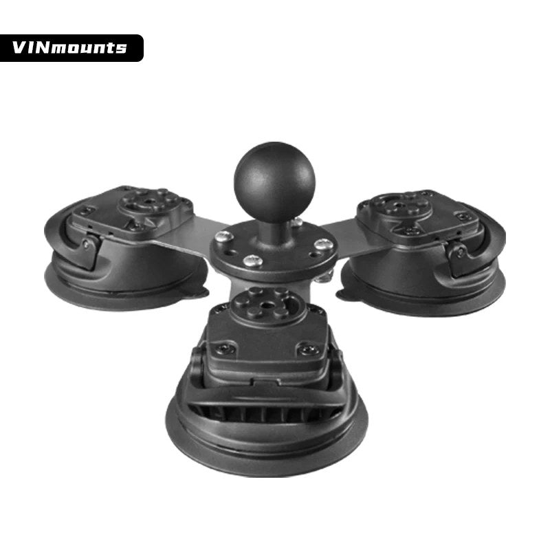 Triple Suction Cup Mount with 1.5 inch ball, front view, three black rubber suction cups in triangle layout