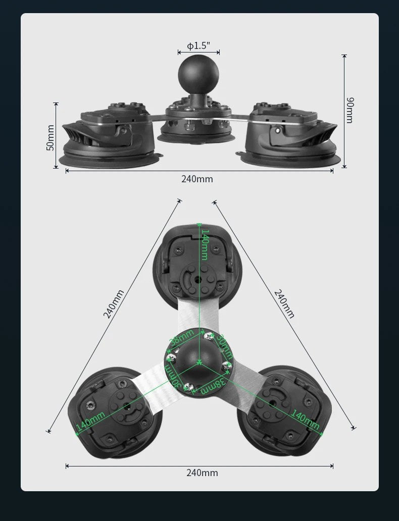 Triple Suction Cup Mount dimensions diagram: 240mm triangle footprint, 90mm height, 86mm cups, 1.5 inch ball