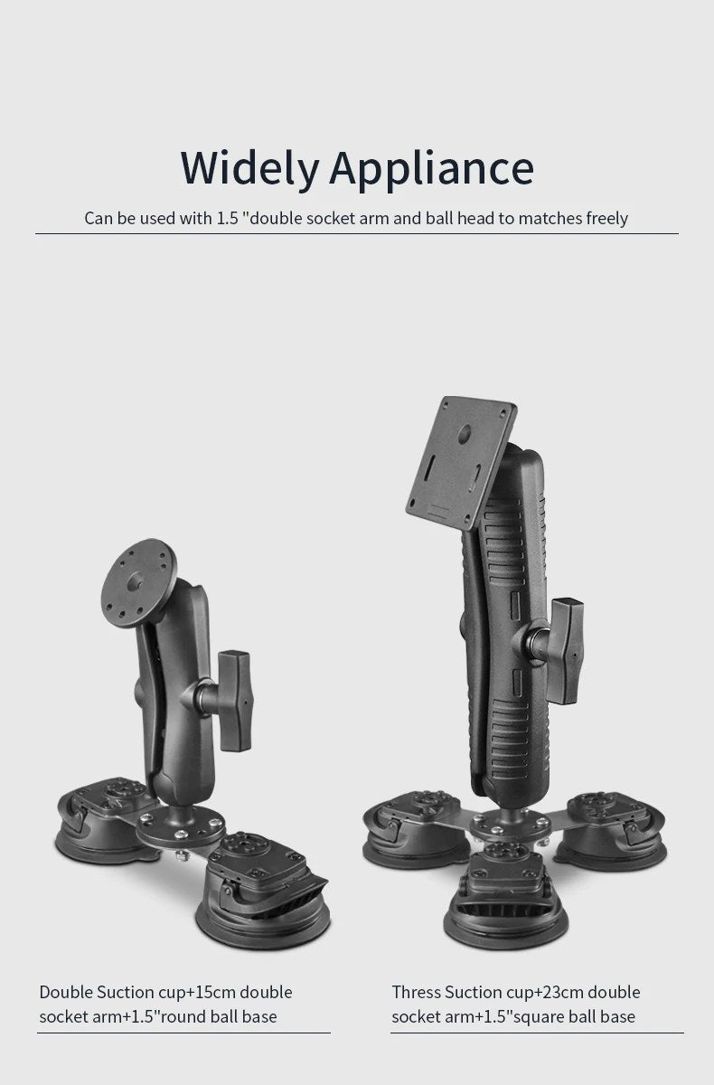 Triple Suction Cup Mount paired with double socket arm and ball base, full mount assembly examples