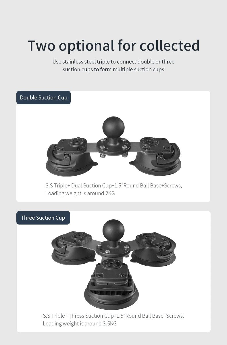Configuration comparison: dual versus triple suction cup mount, showing 2kg and 3-5kg load options