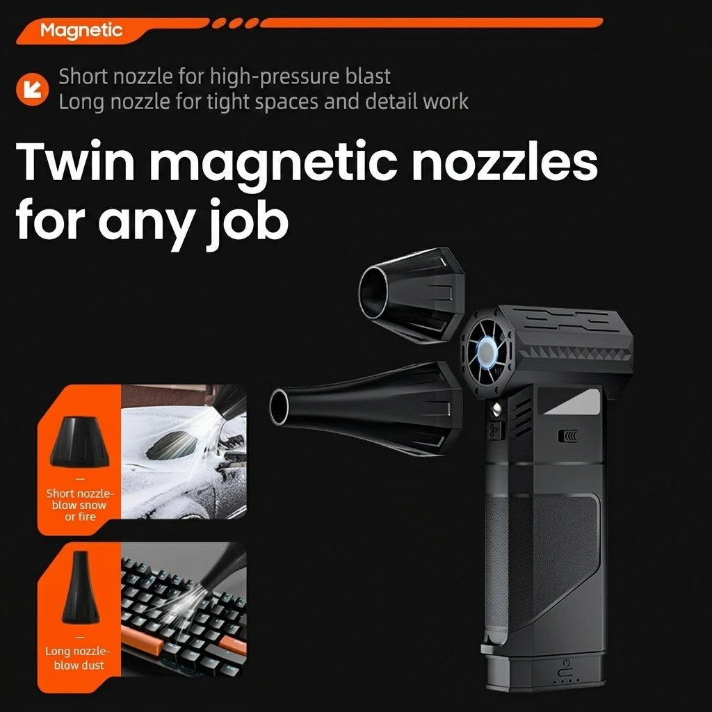 Twin magnetic nozzle attachments — short nozzle for high-pressure blast, long nozzle for tight spaces and detail work