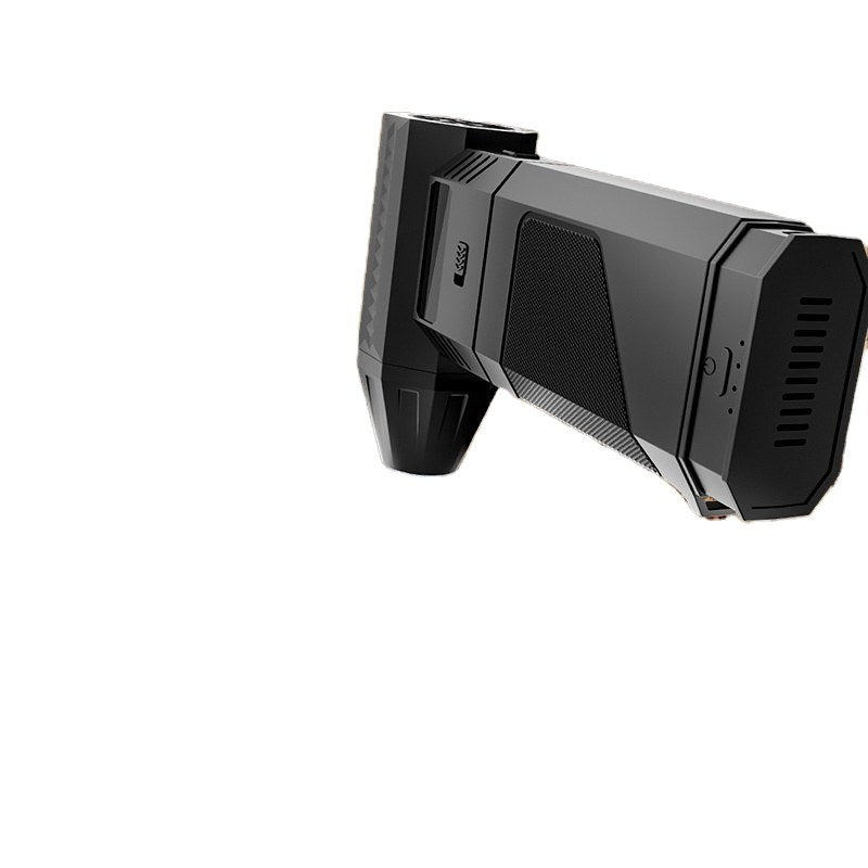 Side view showing rear vent grille, mesh-textured grip panel, side power switch and USB-C charge port