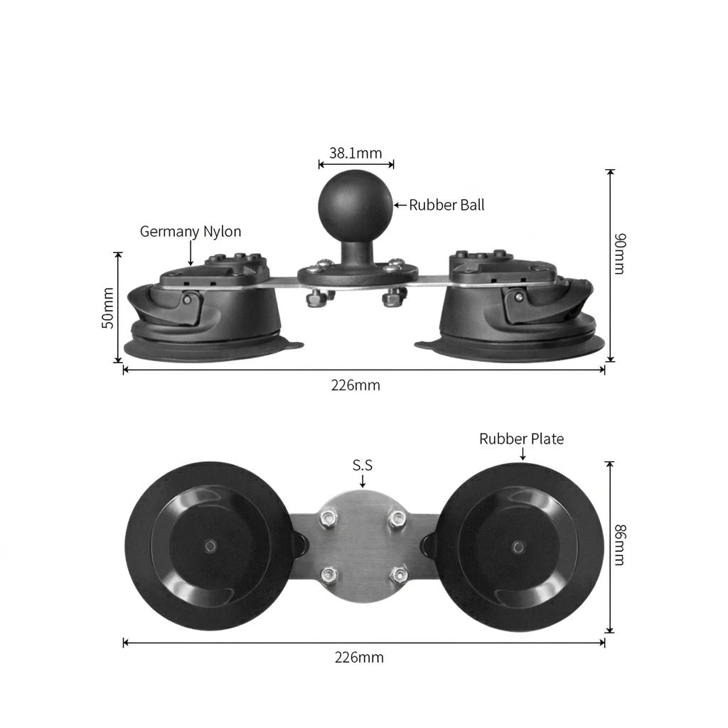 Dimension diagram: 226 mm wide footprint, 90 mm tall, 86 mm depth, 38.1 mm rubber ball, German nylon housings, stainless centre plate.