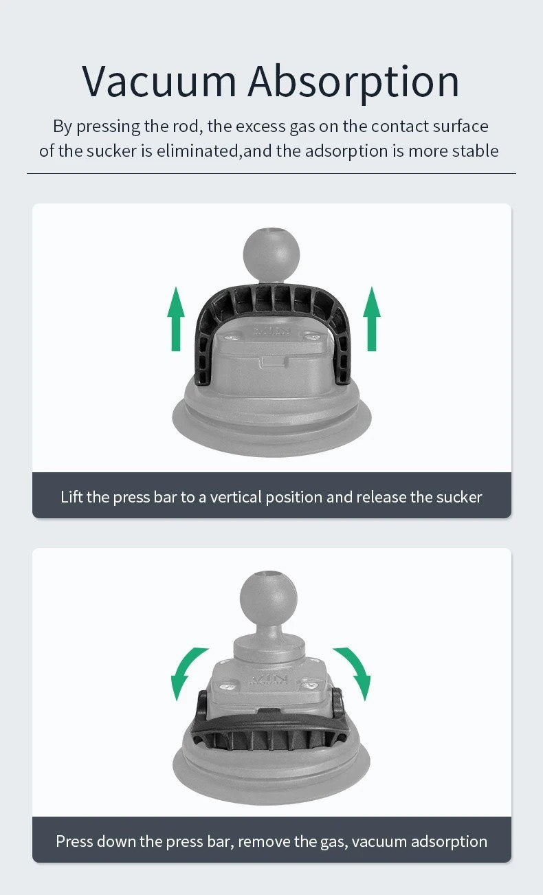 Vacuum action close-up: open lever in vertical position releases the cup, press the lever down flat to evacuate air and lock to the surface