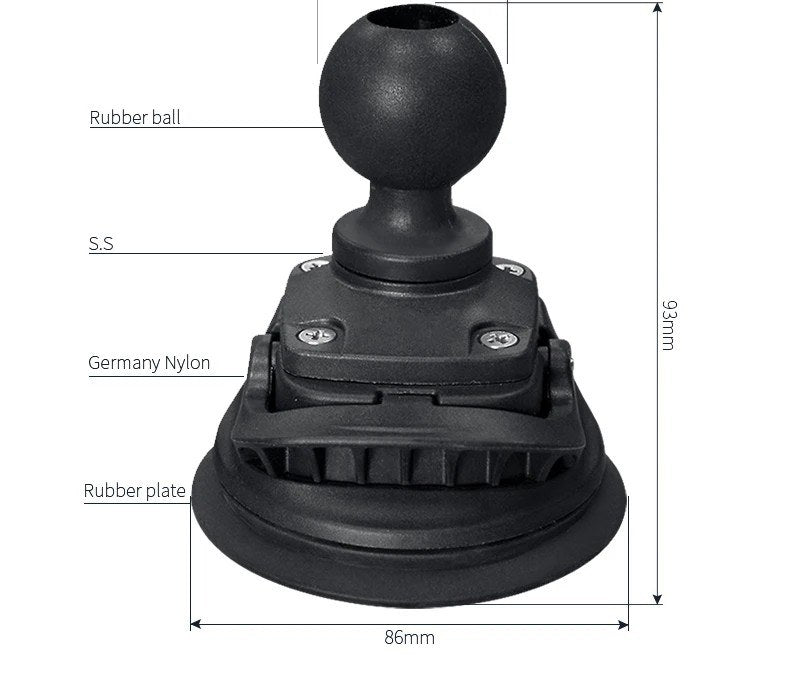 Dimension diagram: suction cup base measures 86mm wide and 93mm tall, with a 1.5 inch (38.1mm) C-size ball on top
