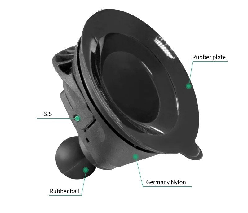 Side cutaway view labelling the rubber plate, stainless steel pivot, engineered nylon body and rubber ball construction of the suction cup base