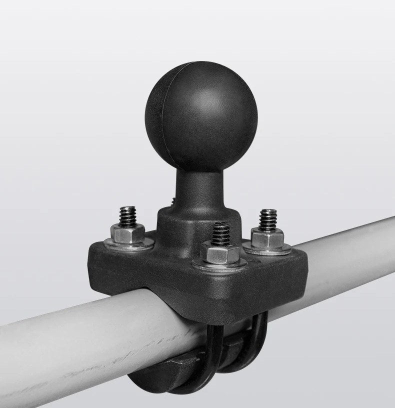 Double U-bolt aluminium mount base with 1.5 inch ball clamped to a round bar, watermark removed