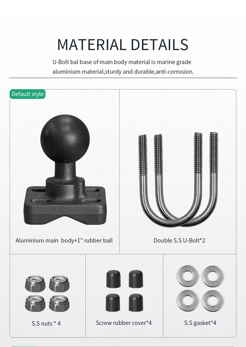 What is in the box: aluminium body with 1.5 inch ball, two stainless steel U-bolts, four nyloc nuts, four washers and four rubber thread covers