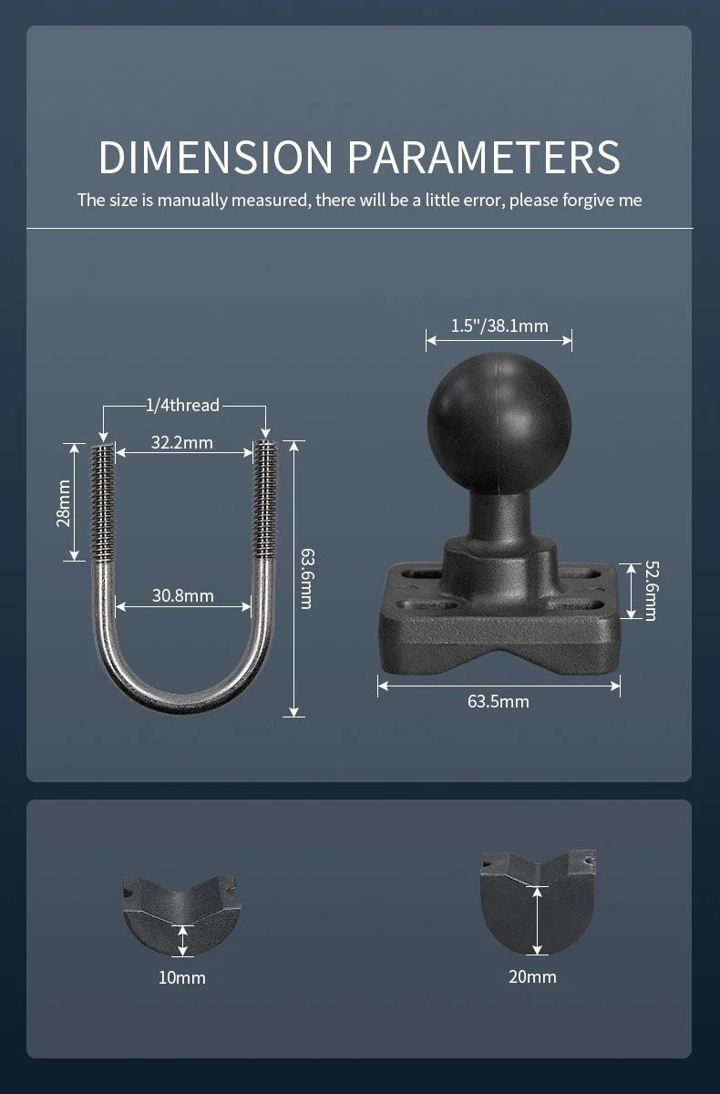 Dimension drawing: U-bolt 32.2mm inside width and 63.6mm length, body 63.5mm by 52.6mm, 1.5 inch (38.1mm) ball, 1/4 inch thread